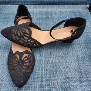 NEW! Rhinestone Minimalist Black Dress Shoe with Low Heel, one strap with buckle